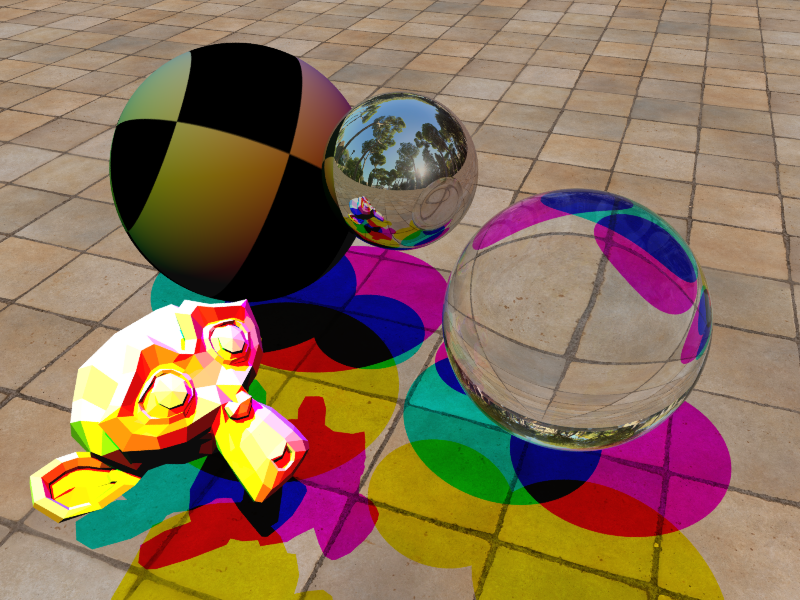 Spheres of different materials, a low-poly mesh and three colored directional lights above a textured plane